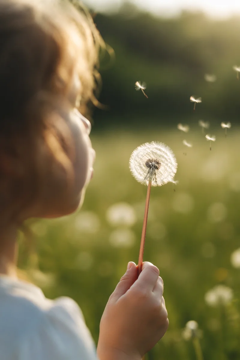 Child Blowing Dandelion in Summer Field