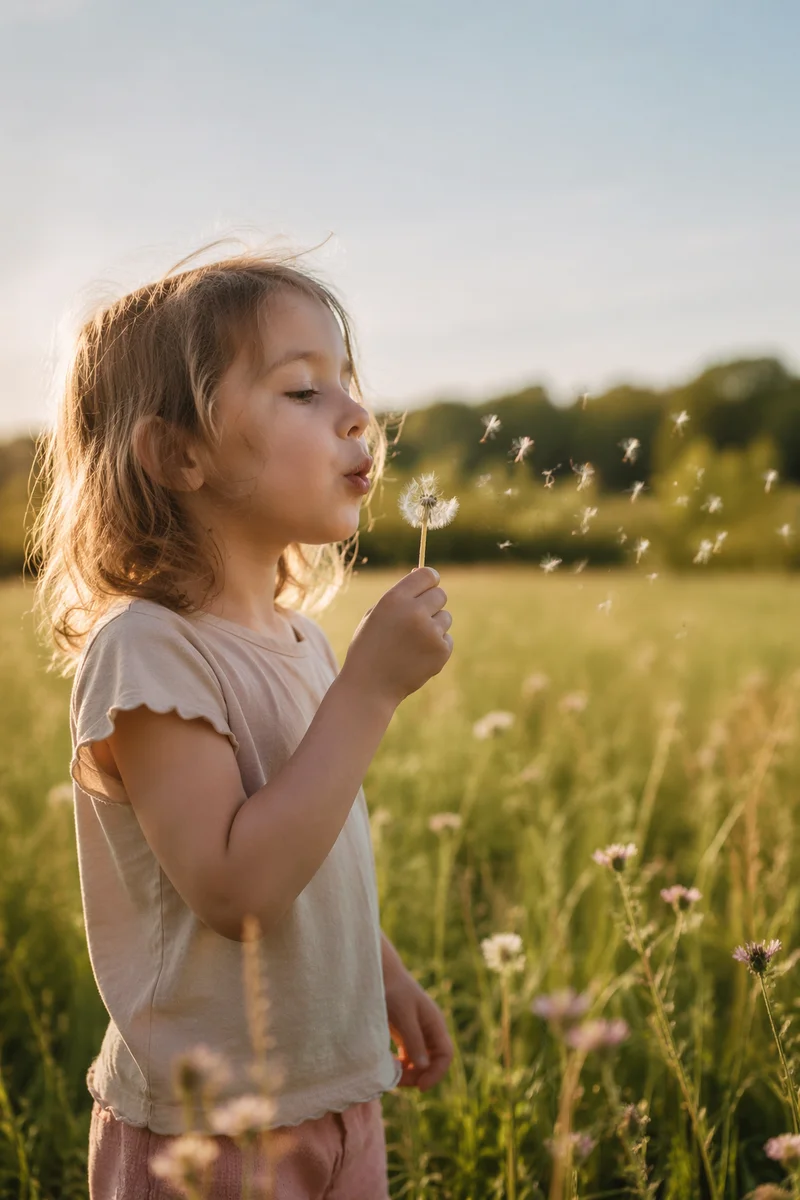 Child Blowing Dandelion in Summer Meadow