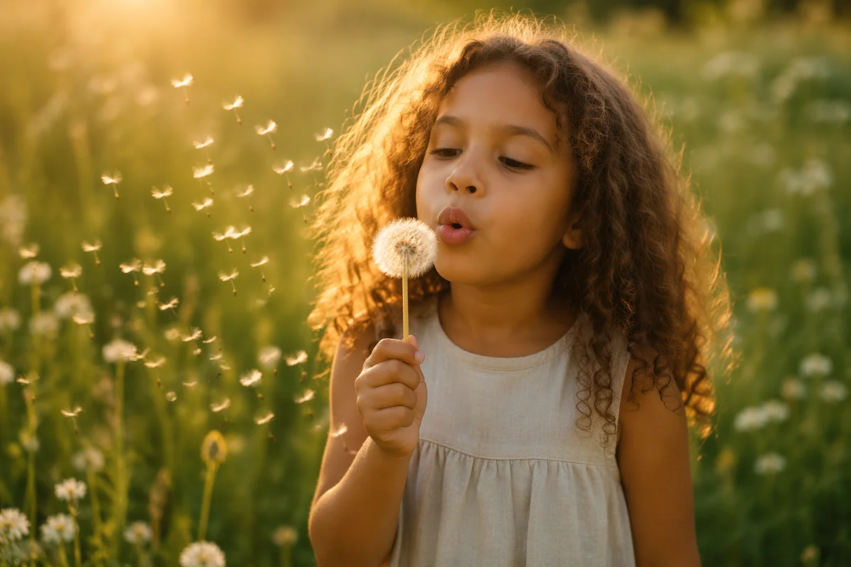 Young Girl Blowing Dandelion in Meadow