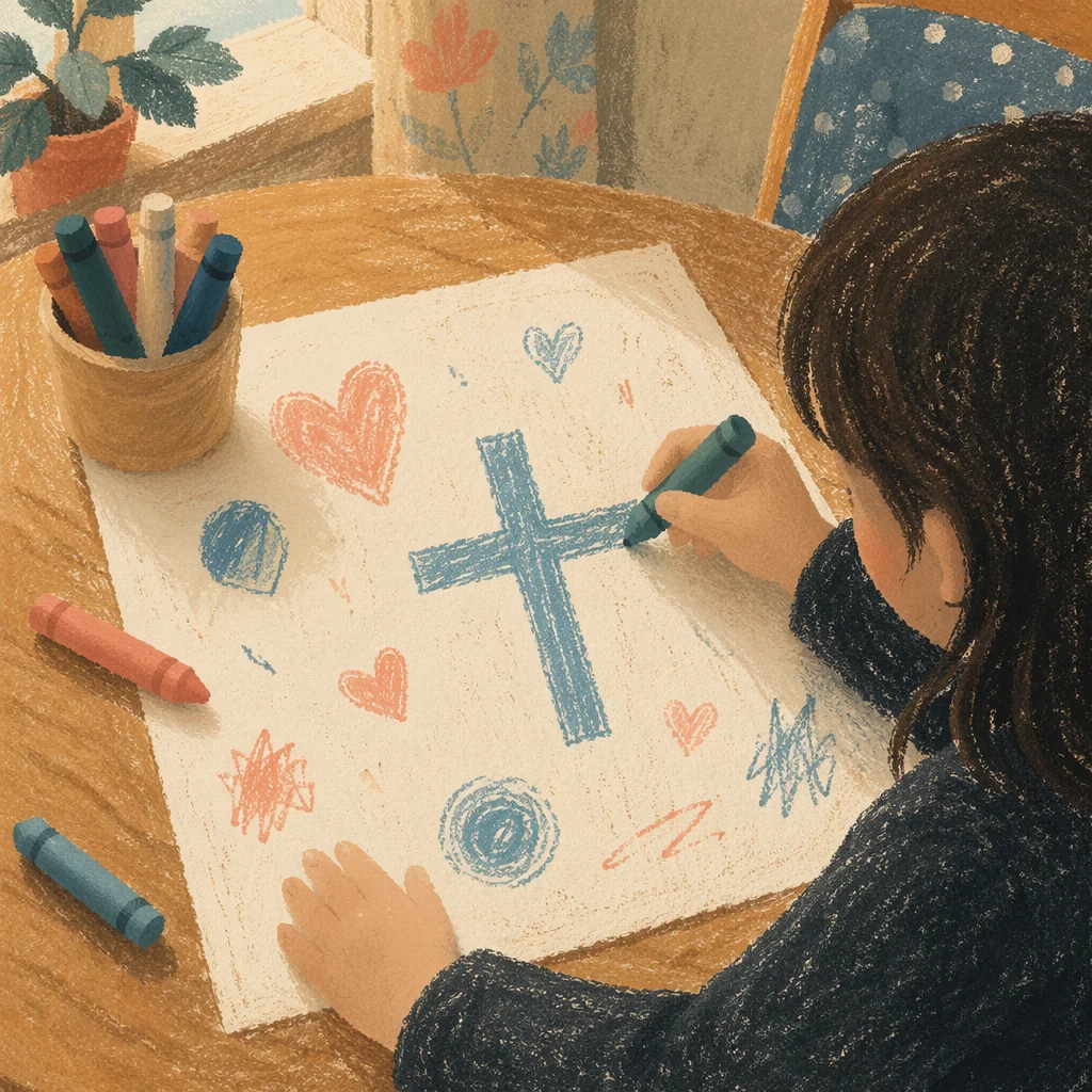 Child Drawing a Cross with Crayons