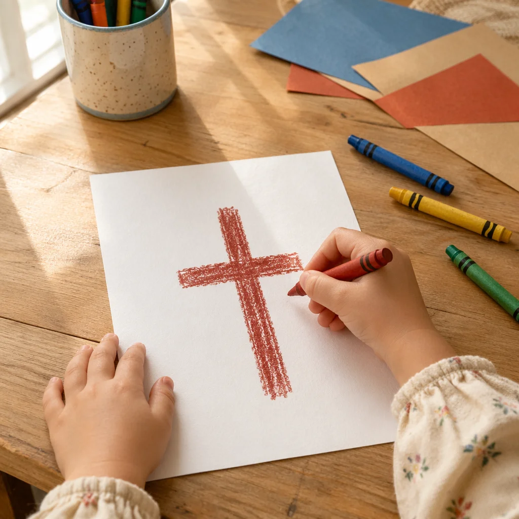 Child Drawing Cross with Crayons