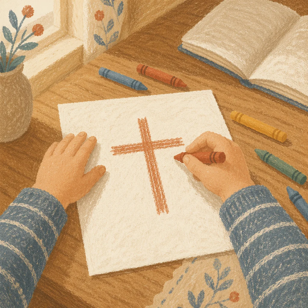 Child Drawing Crayon Cross at Kitchen Table
