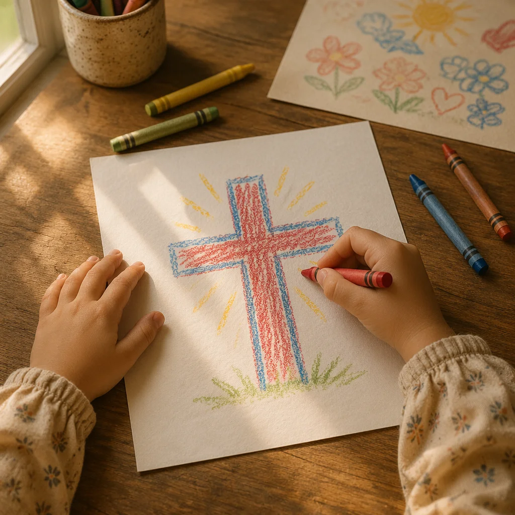 Child Drawing Colorful Cross at Home