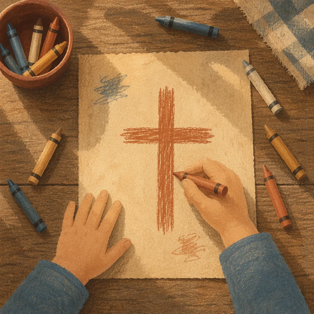 Child Drawing Cross With Crayons