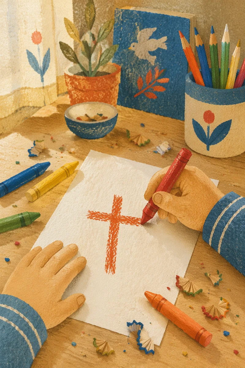 Child Drawing Crayon Cross on Paper