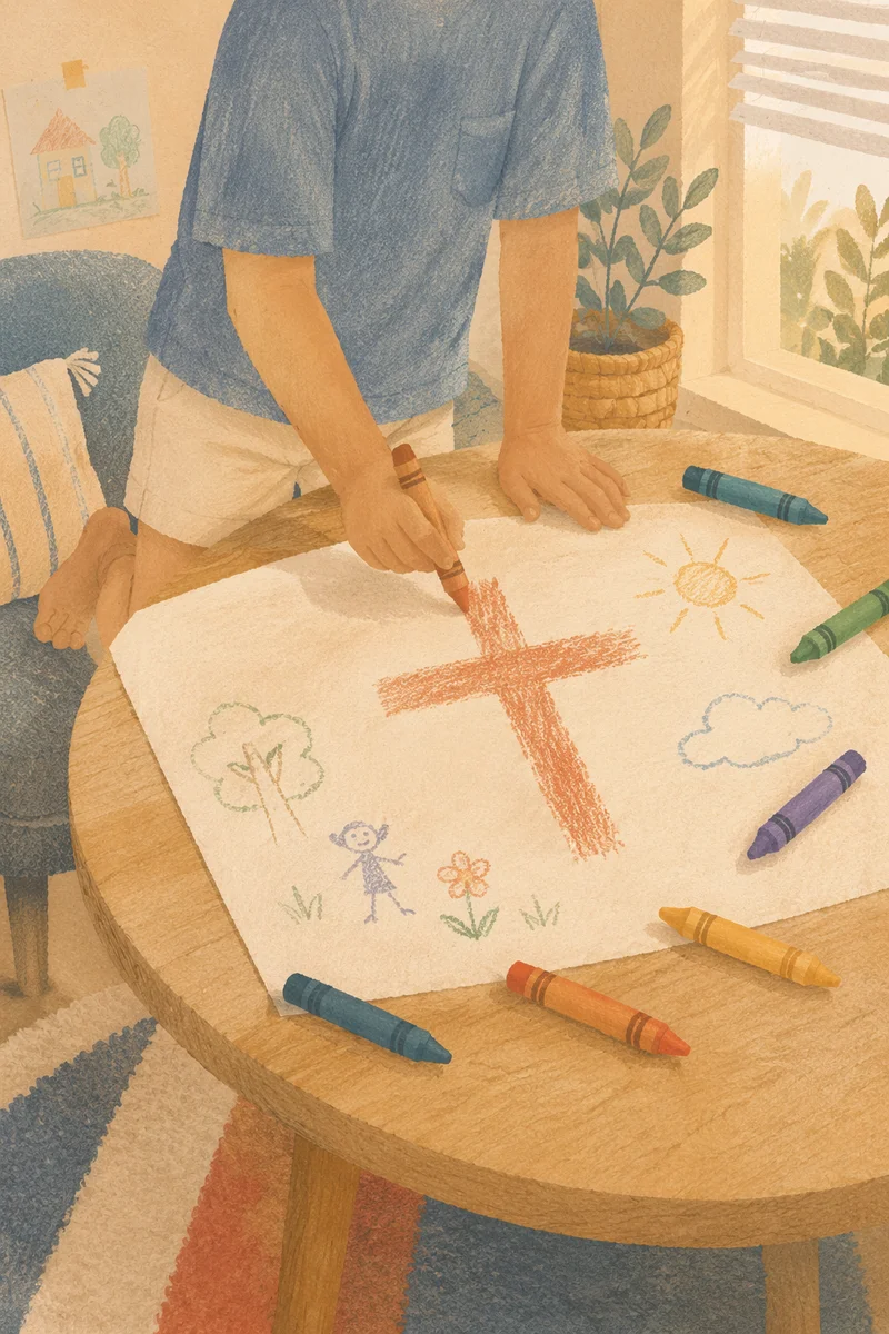 Child Drawing Cross with Colorful Crayons