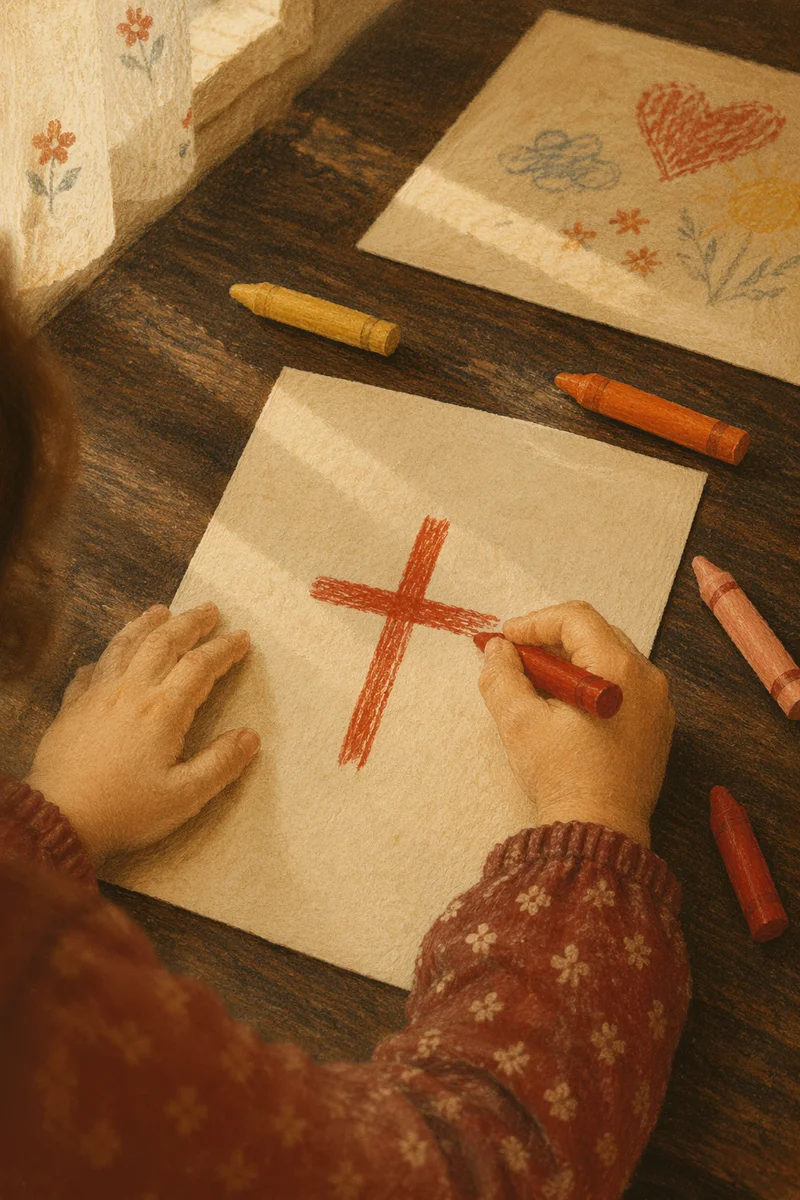 Child Drawing Red Cross with Crayons