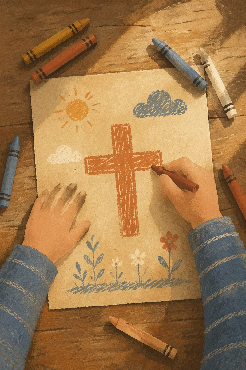 Child Drawing Crayon Cross on Beige Paper