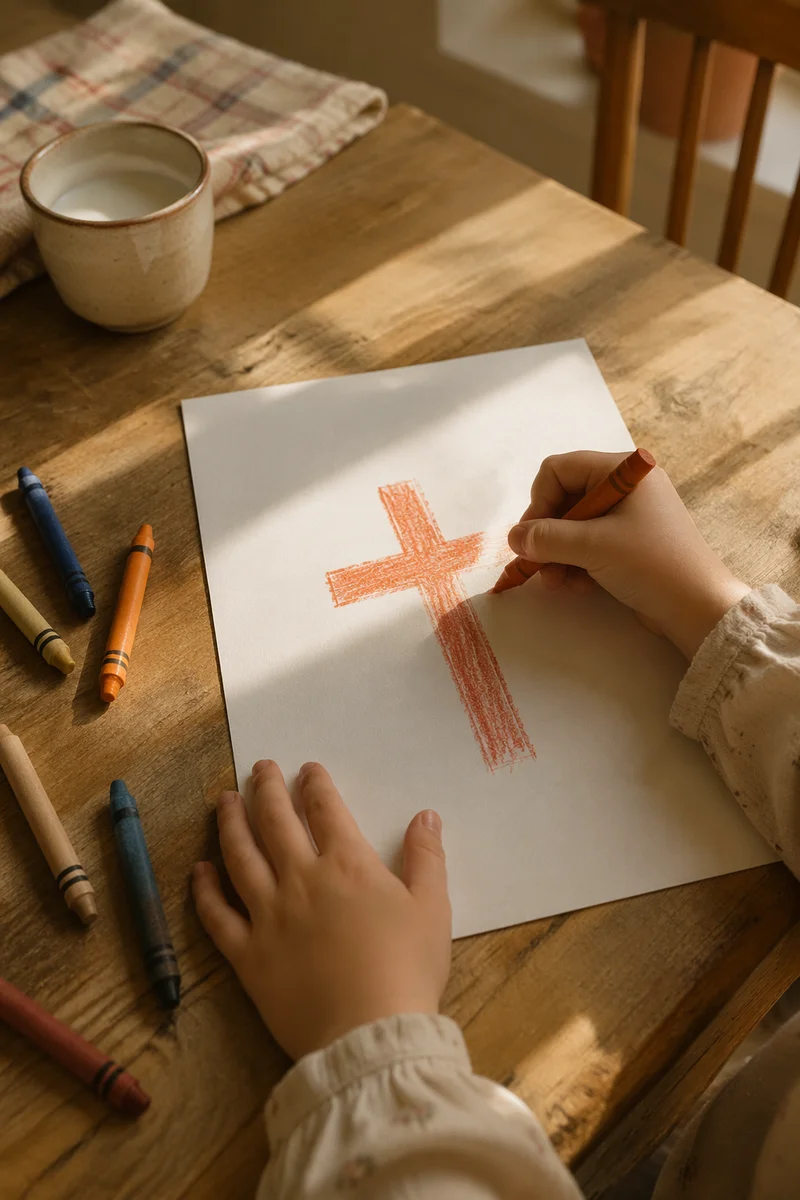 Child Drawing Cross with Colorful Crayons