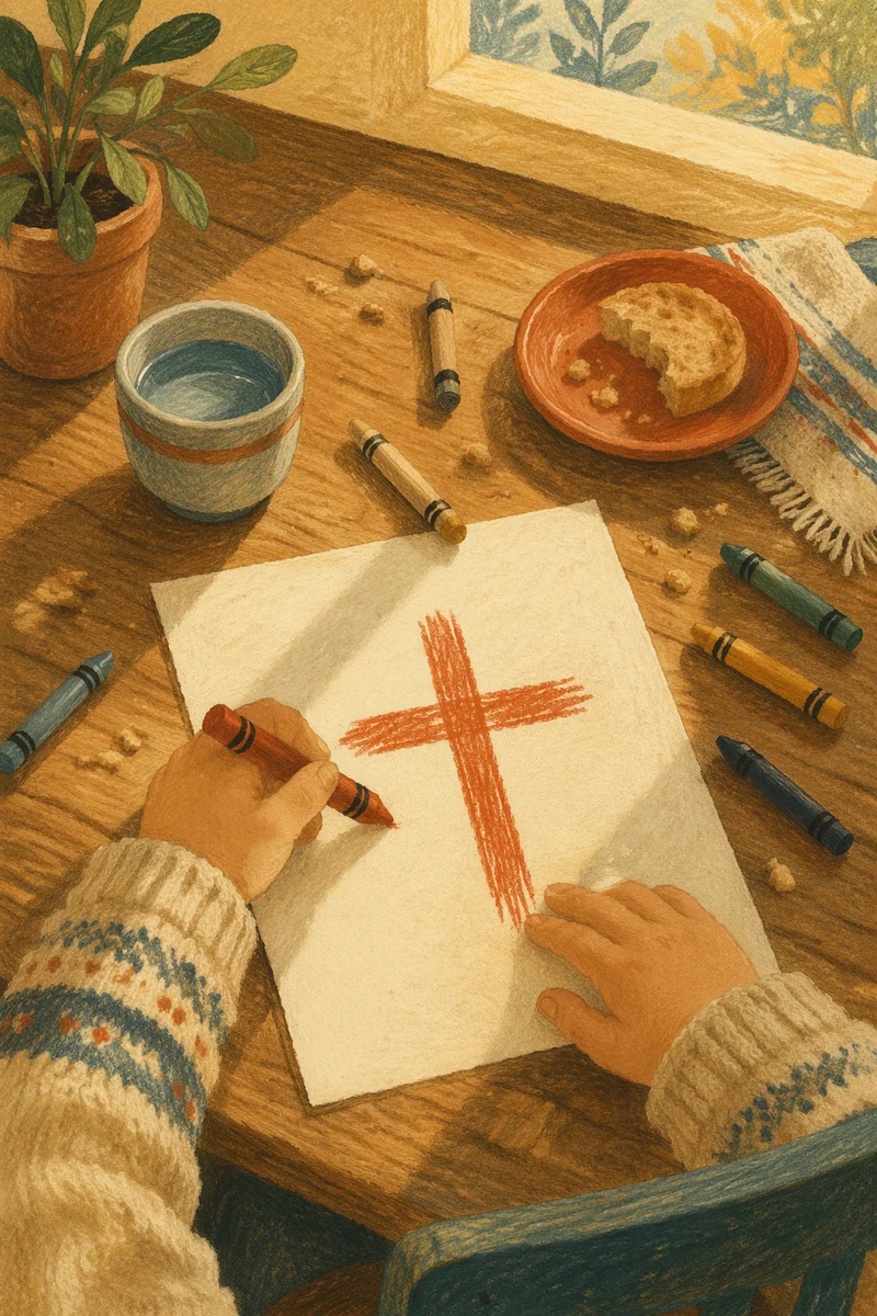 Child Drawing a Crayon Cross at Home