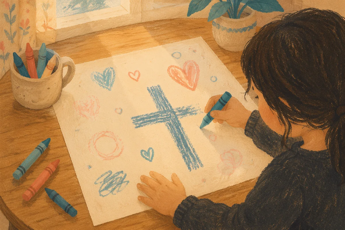 Child Drawing Cross with Crayons