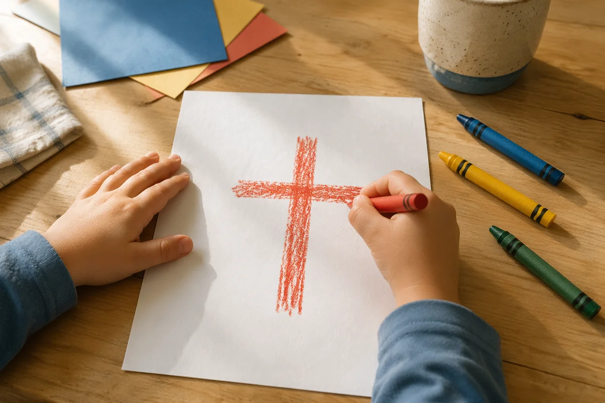 Child Drawing a Cross with Crayons