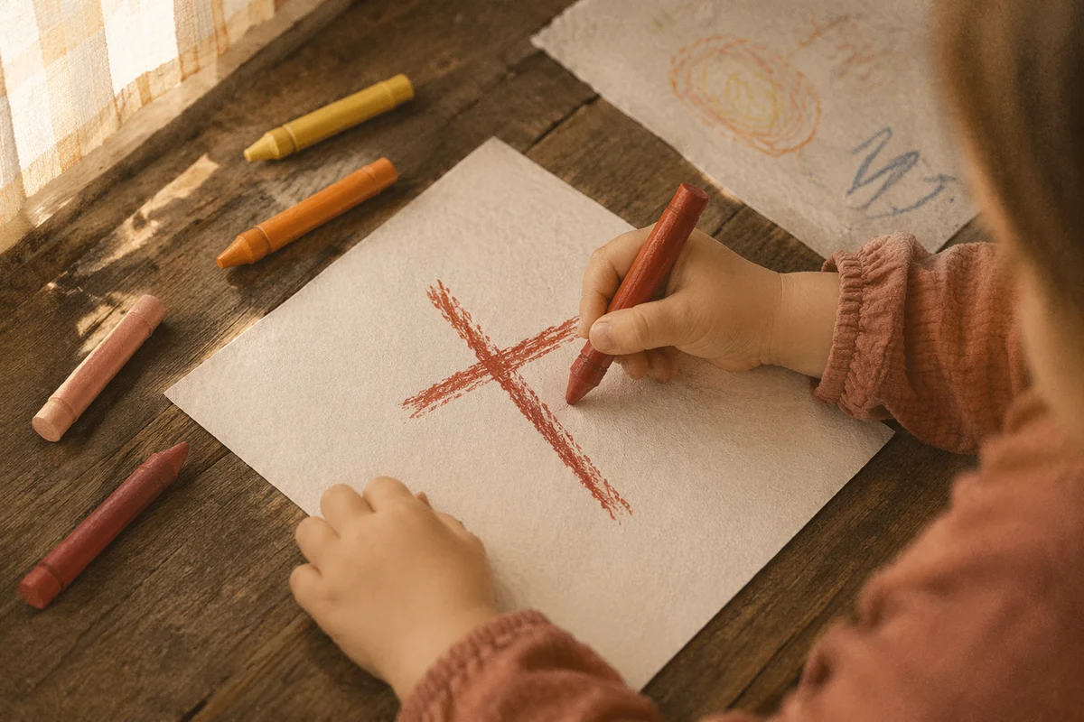 Child Drawing Red Cross with Crayons