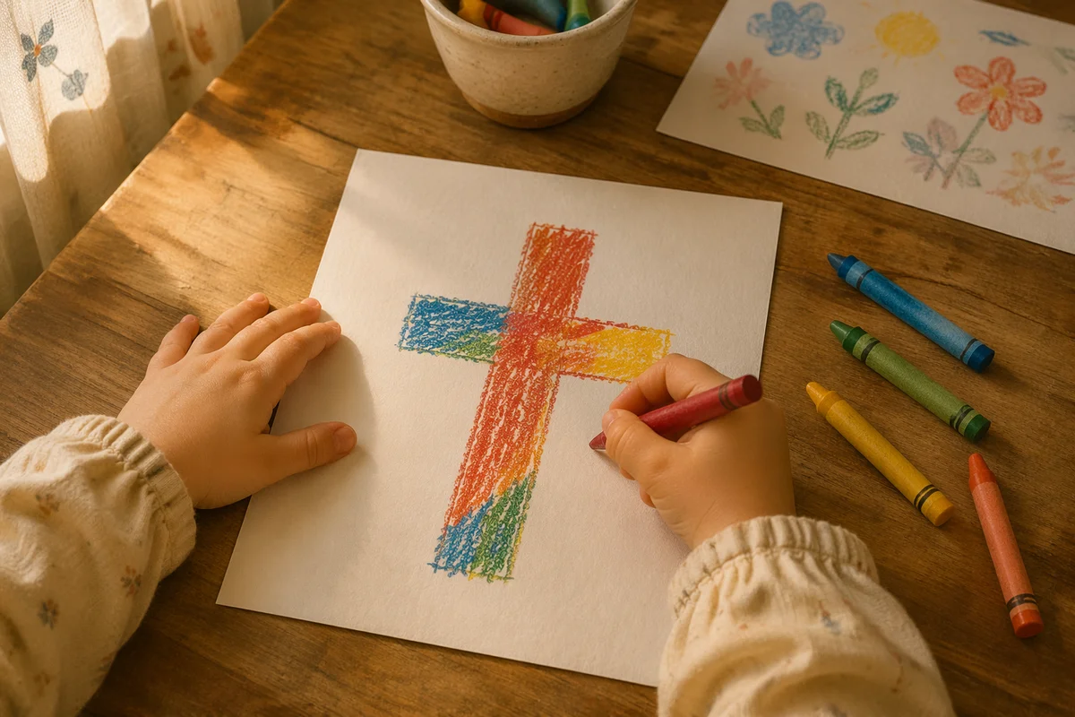 Child Hands Drawing a Crayon Cross