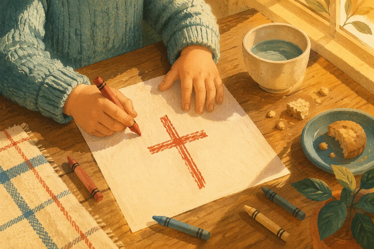 Child Drawing Crayon Cross at Kitchen Table