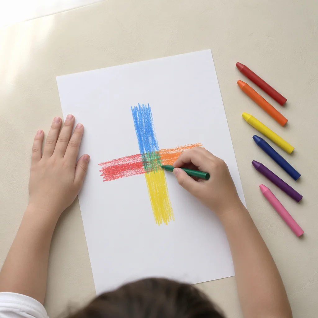Child Drawing Colorful Cross With Crayons