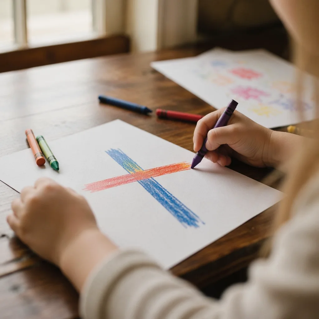 Child Drawing Colorful Cross With Crayons