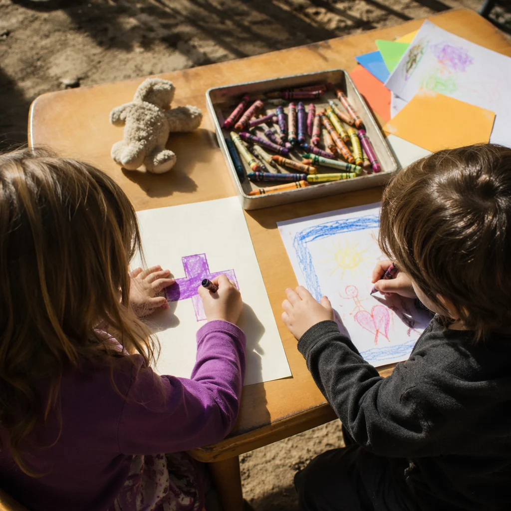 Children Drawing a Cross with Crayons