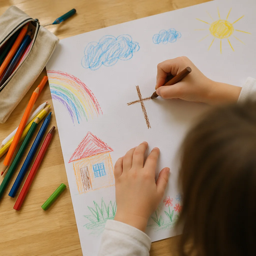 Child Drawing a Crayon Cross at Home