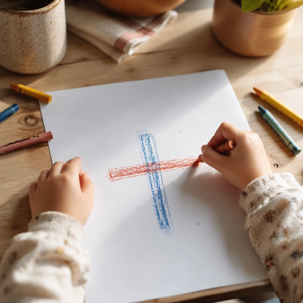 Child Drawing Cross with Crayons