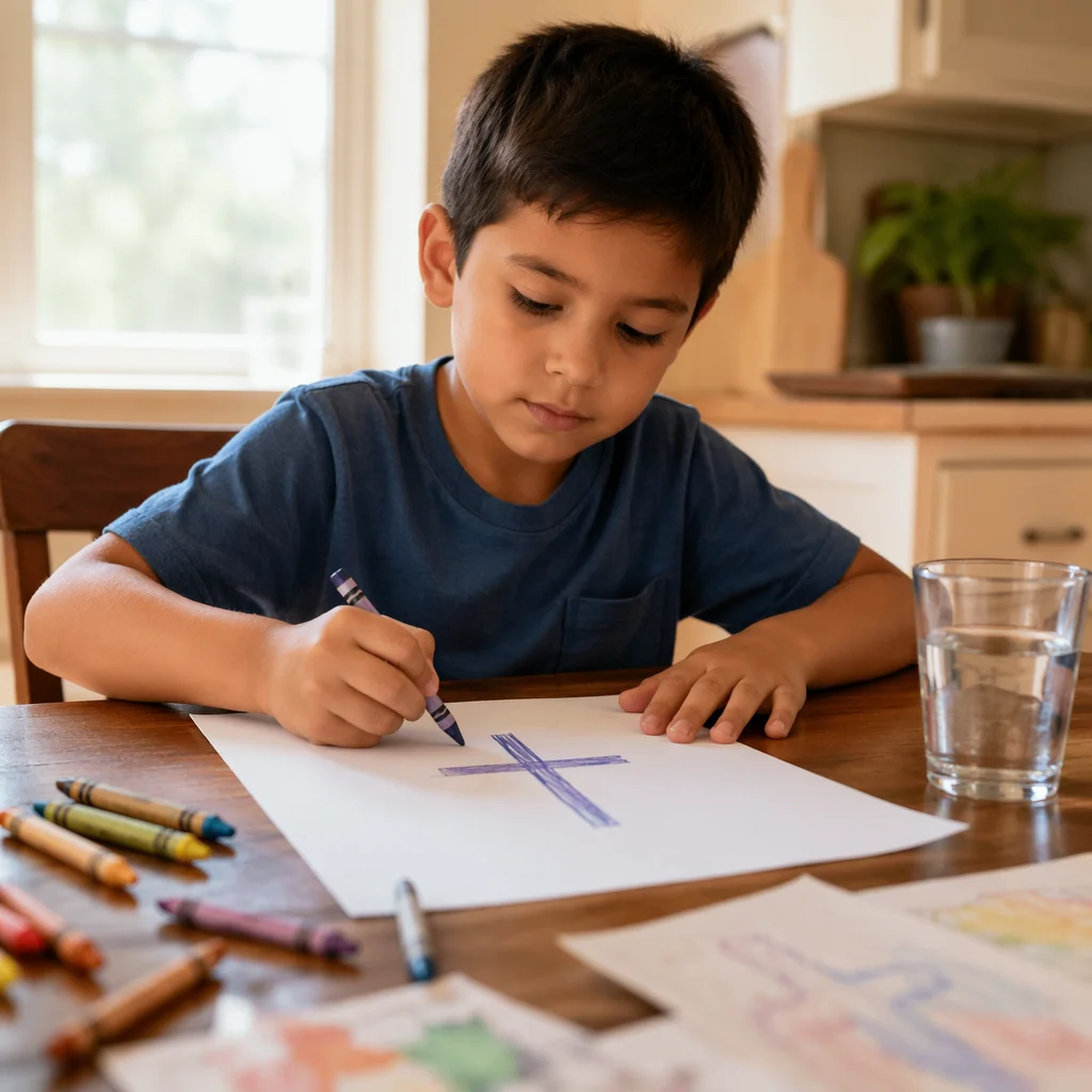 Young Boy Drawing Cross with Crayons