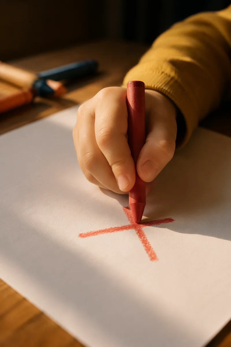 Child Drawing Red Cross with Crayon