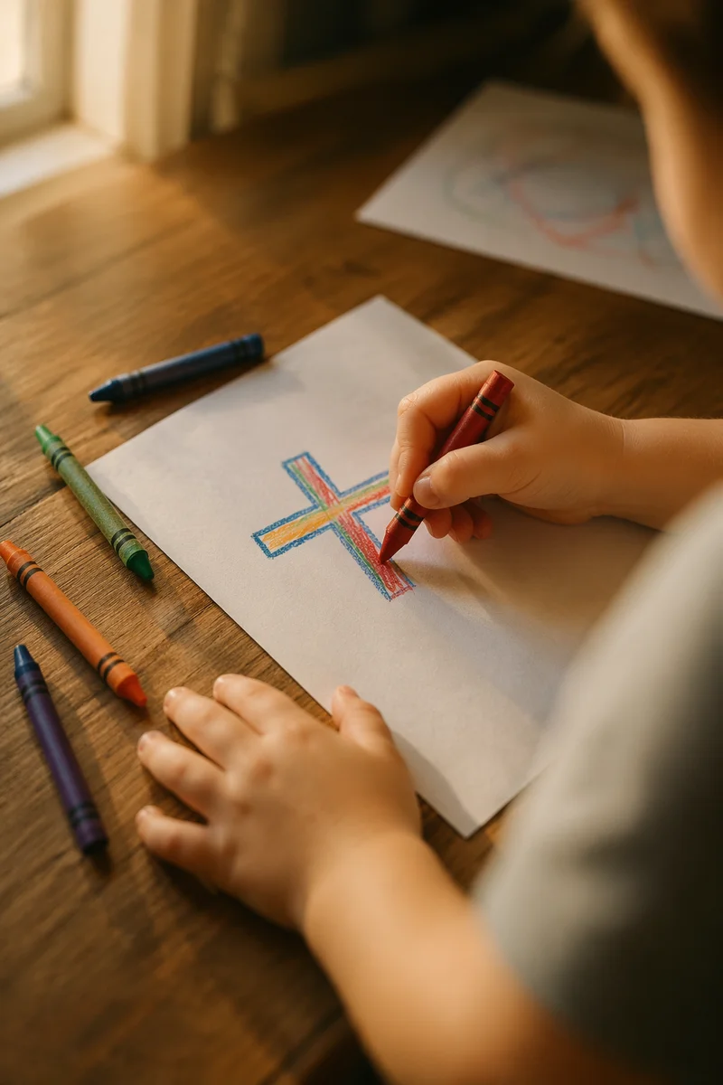 Child Drawing Colorful Cross with Crayons