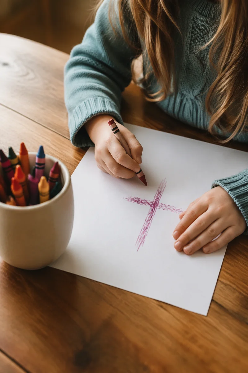 Child Drawing Cross With Crayons