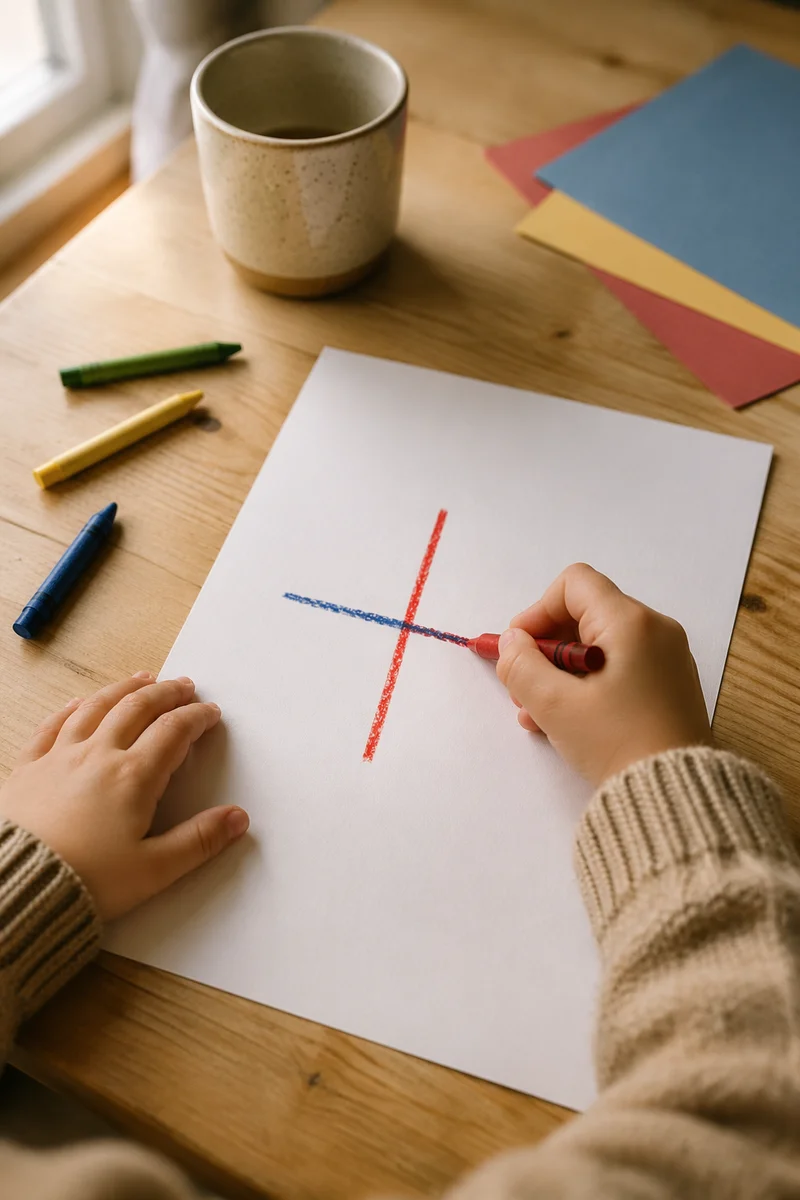 Child Drawing Cross with Crayons