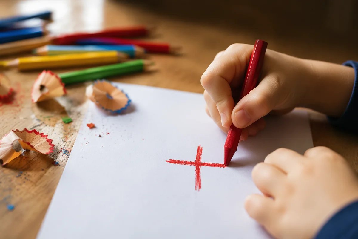 Child Drawing a Cross with Crayons