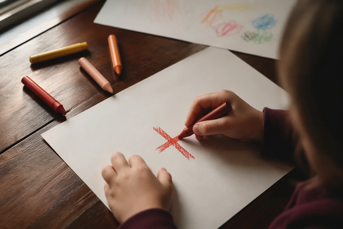 Child Drawing Red Cross with Crayons