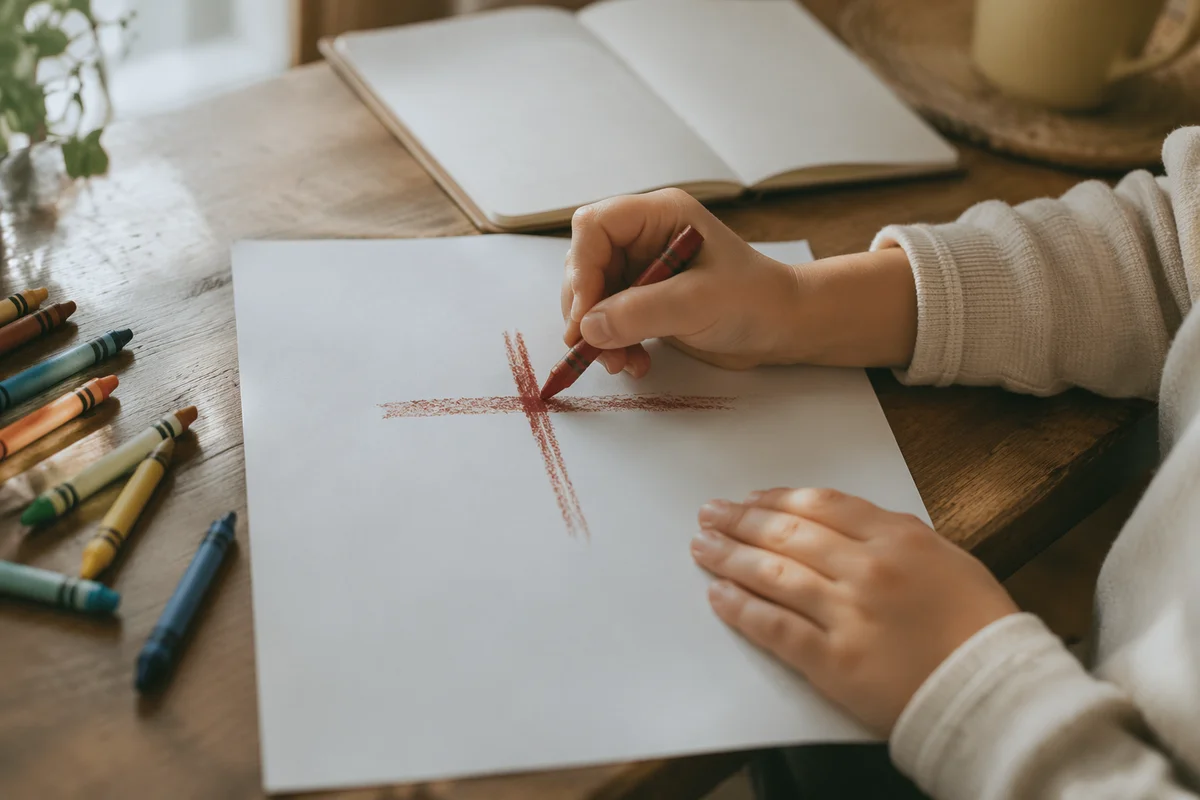 Child Drawing a Cross with Crayons