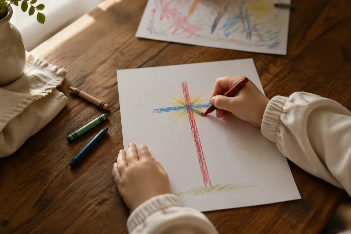 Child Drawing Colorful Cross with Crayons