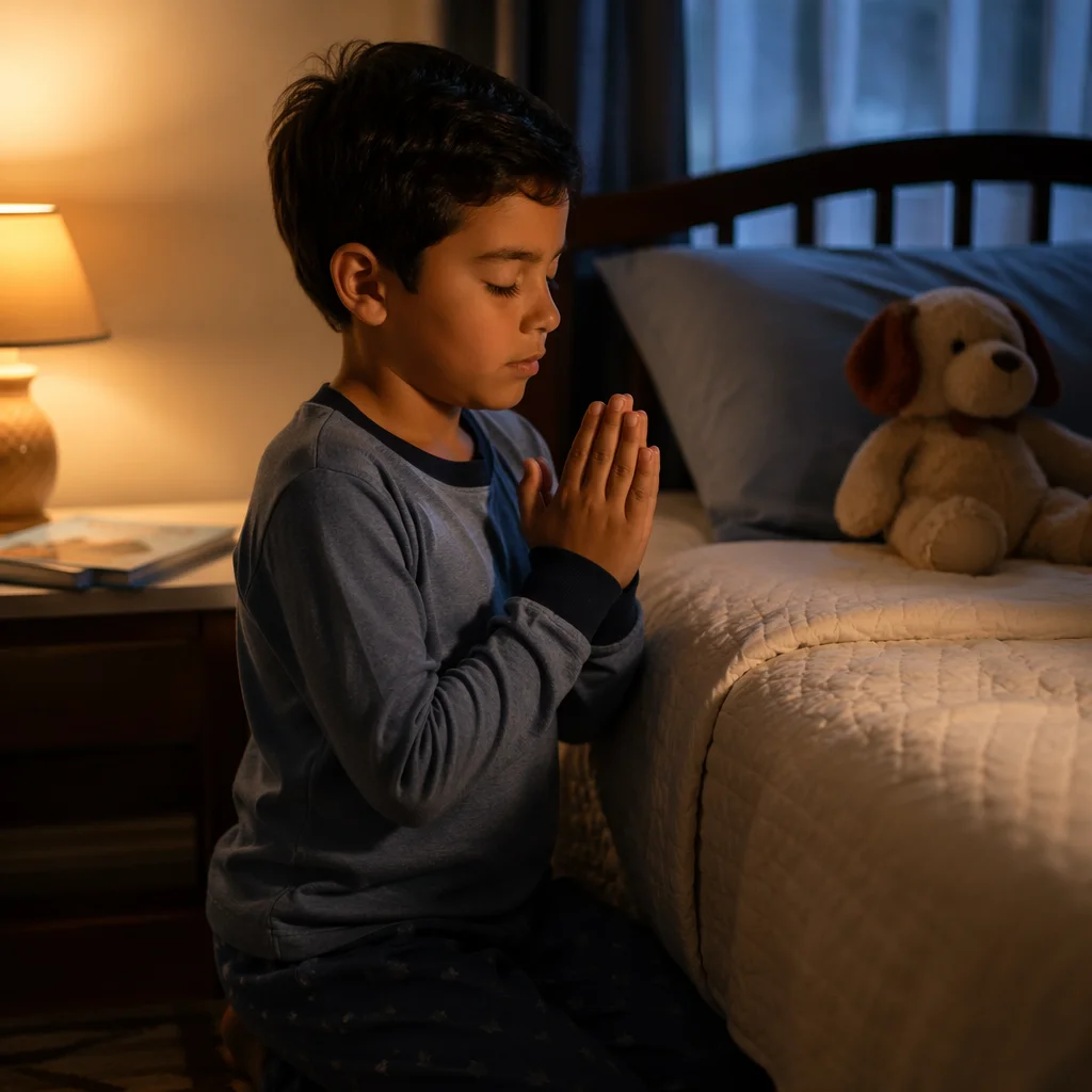 Young Boy Praying Beside Bed