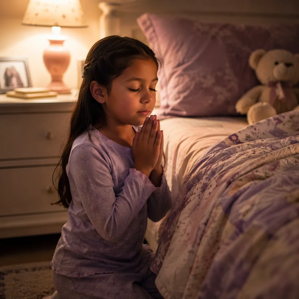 Young Girl Praying Beside Bed