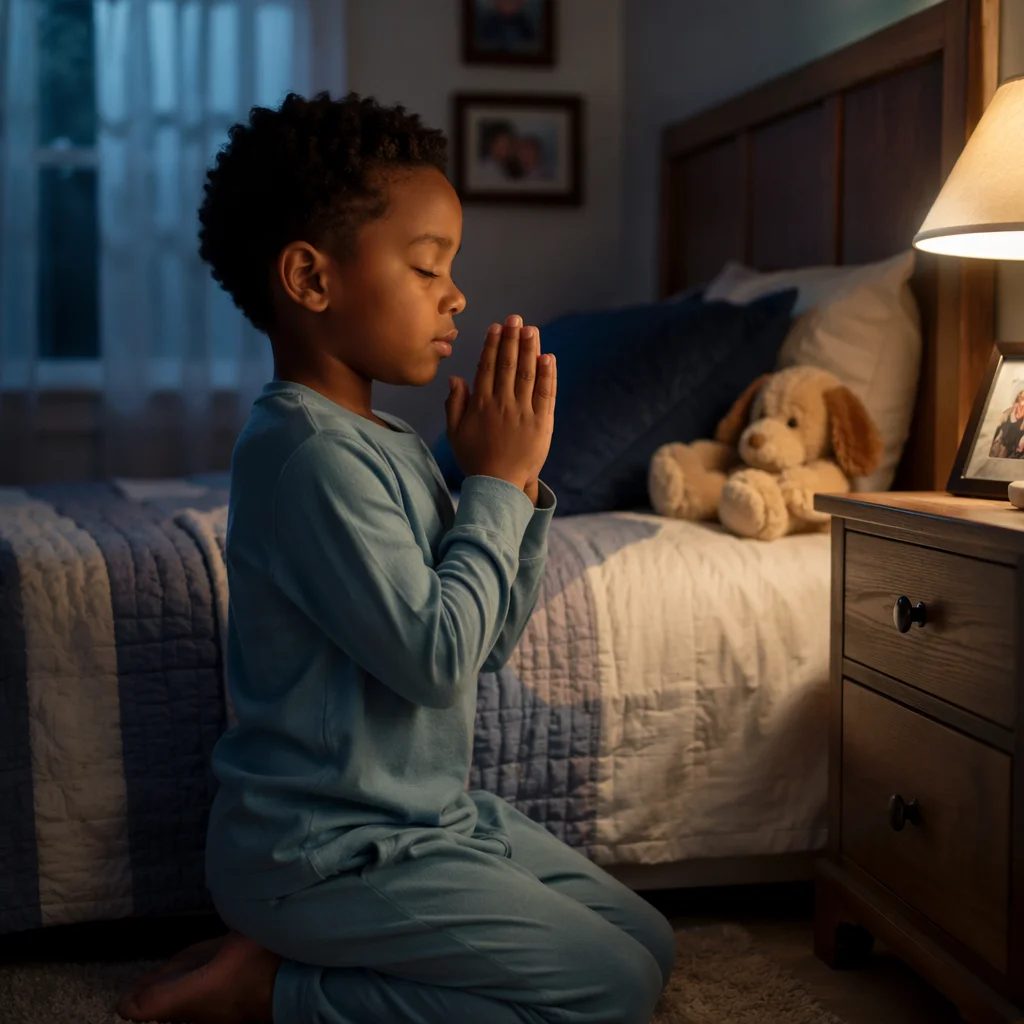 Young Child Praying Beside Bed