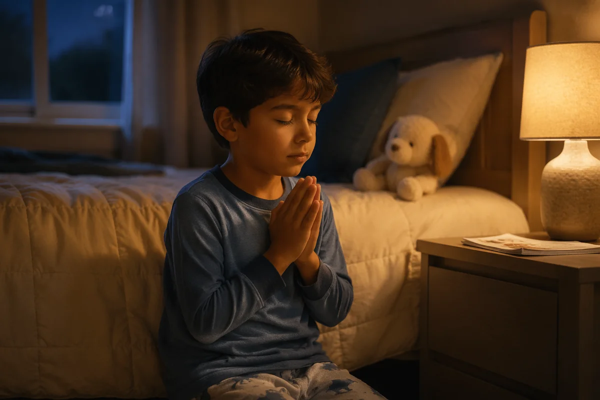 Young Boy Praying Beside Bed at Night