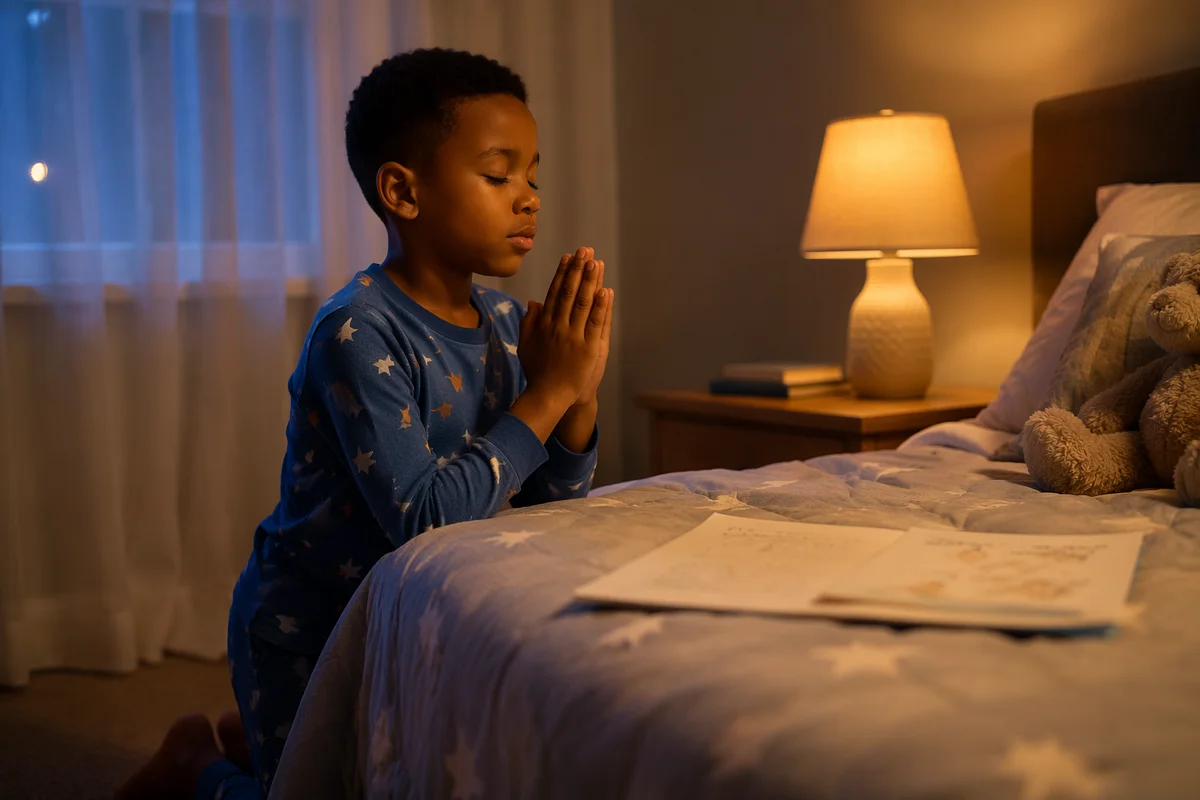 Young Child Praying Beside Bed