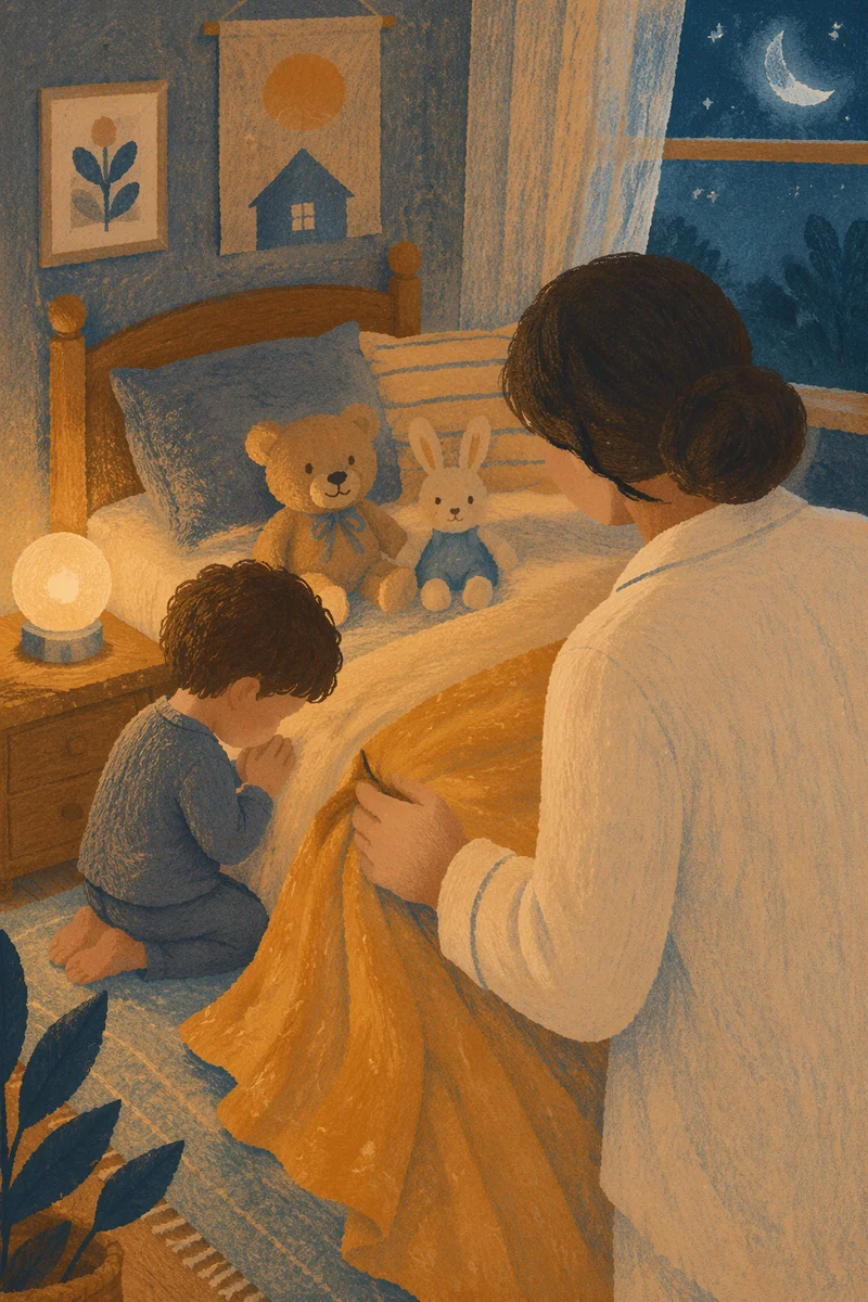 Child Praying Beside Bed with Nightlight
