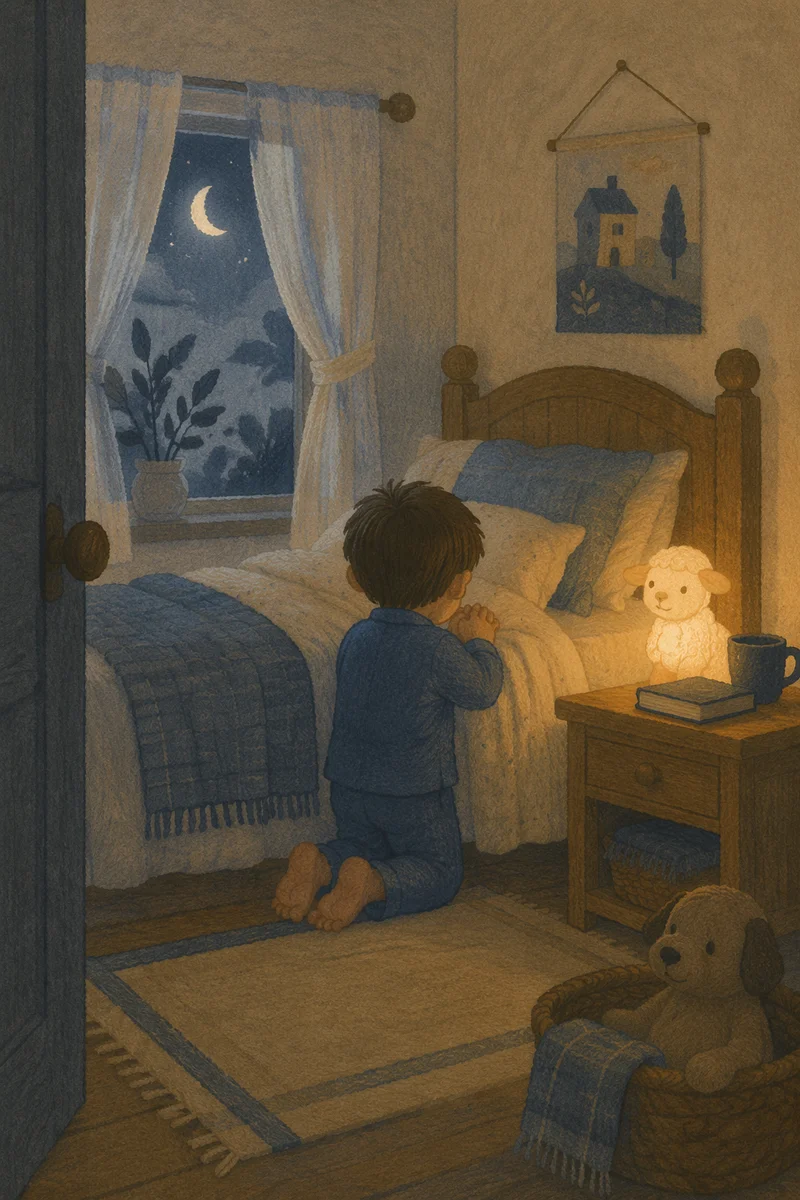 Child Praying Beside Bed With Nightlight