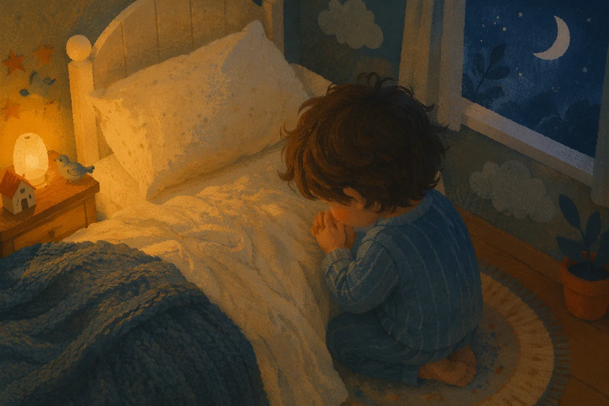Child Praying Beside Bed at Night