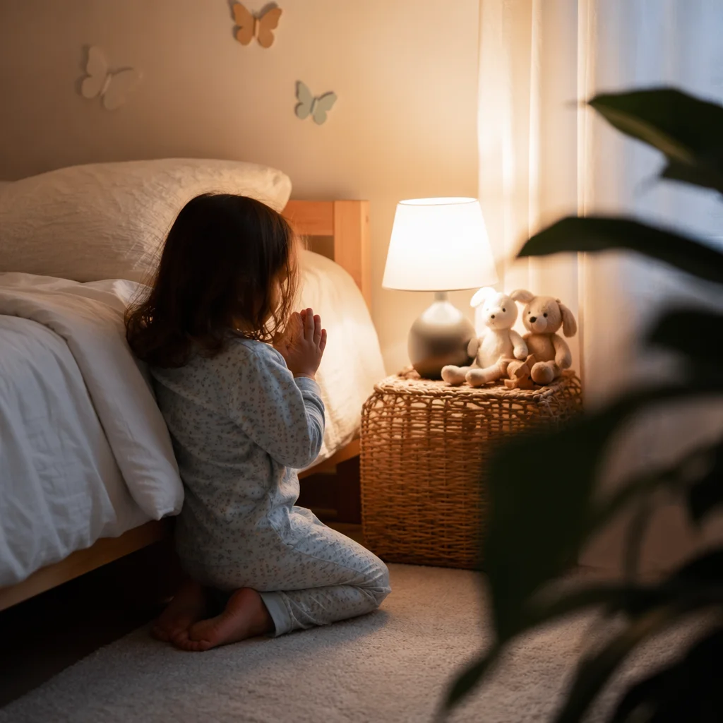 Child Praying Beside Bed at Night