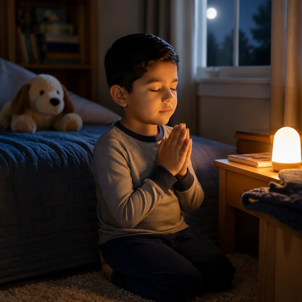 Young Boy Praying Beside Bed at Night
