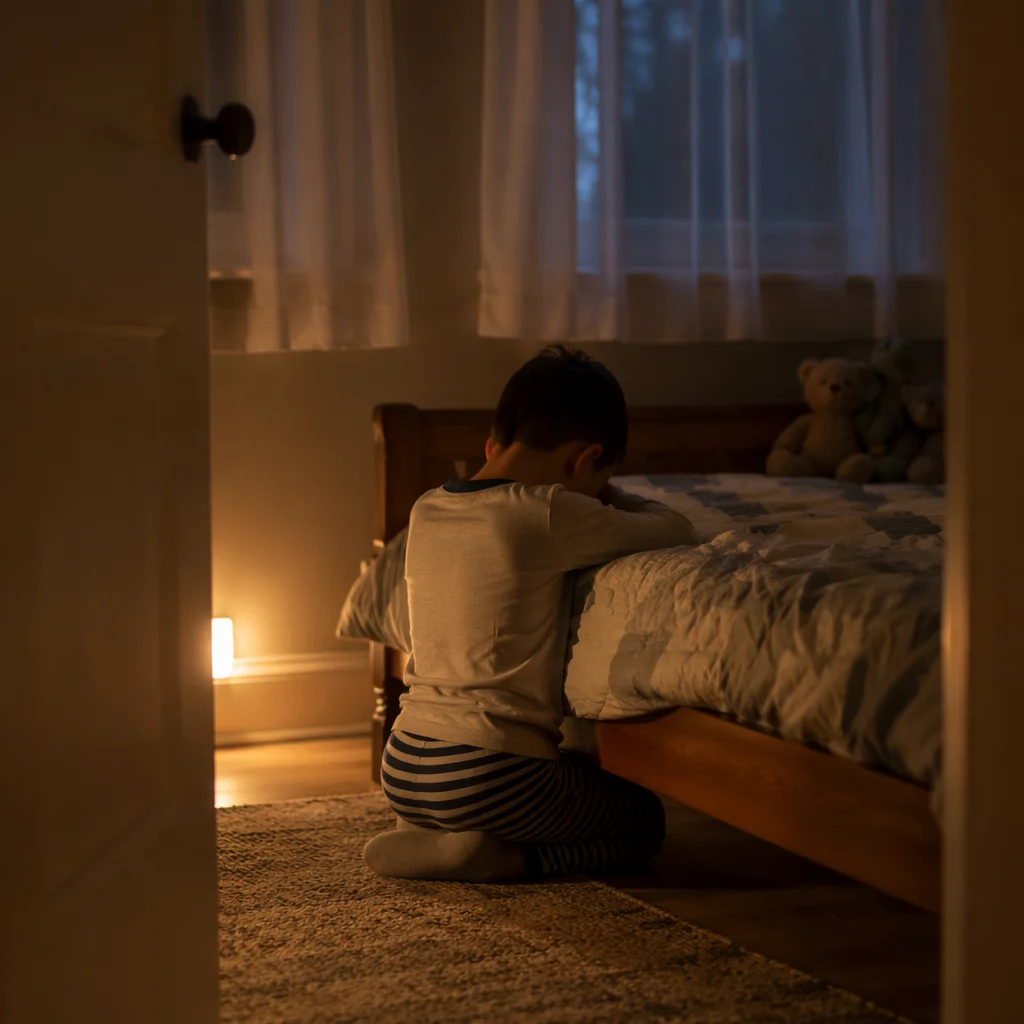 Child Praying Beside Bed with Nightlight