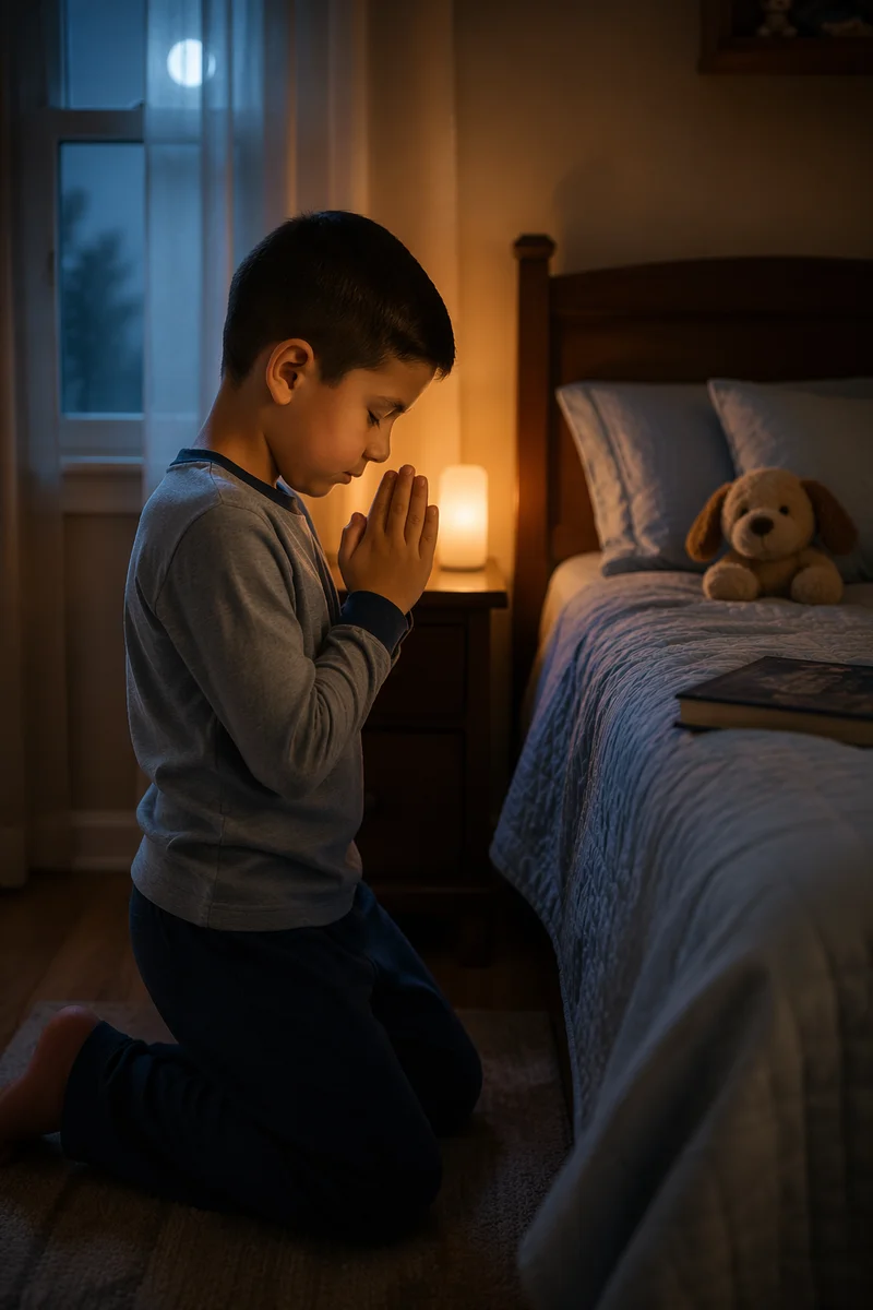 Young Boy Praying Beside Bed at Night