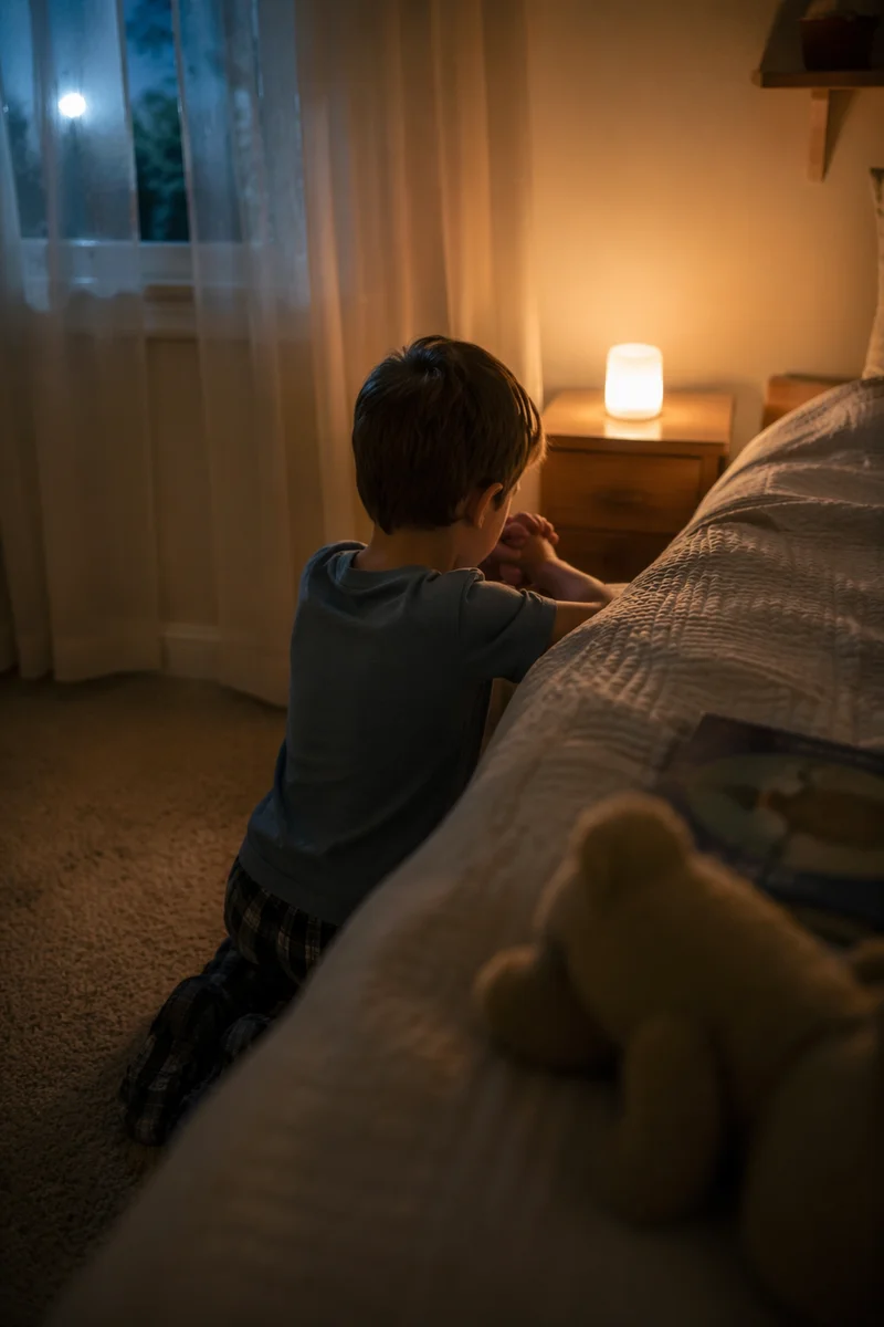 Child Praying Beside Bed at Night