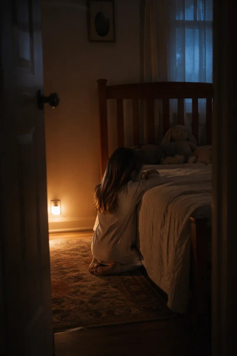 Child Praying Beside Bed by Nightlight