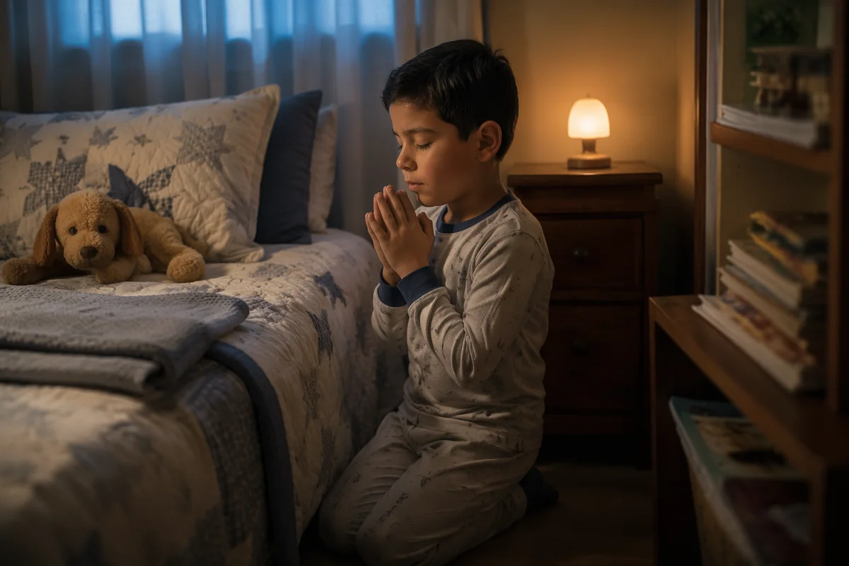 Young Boy Praying Beside Bed