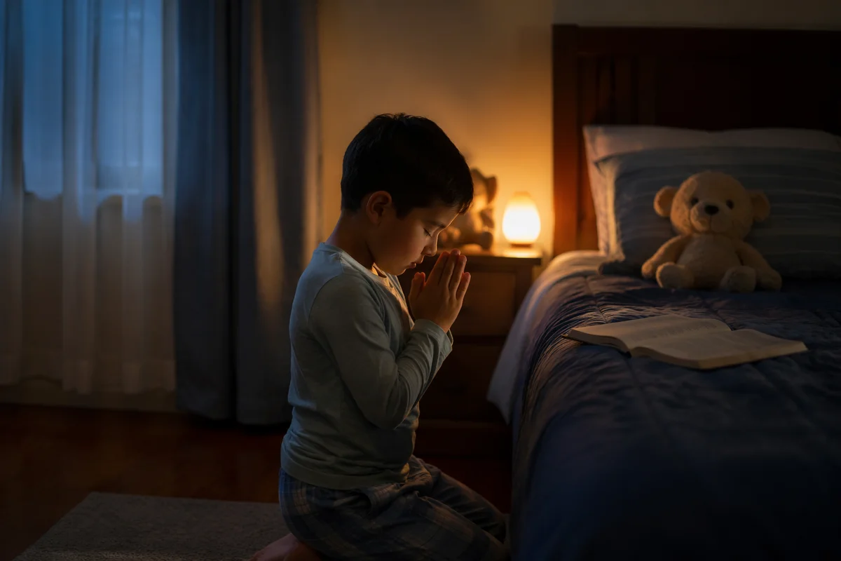 Young Boy Praying Beside Bed at Night