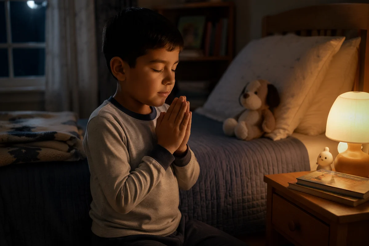 Young Boy Praying Beside Bed at Night